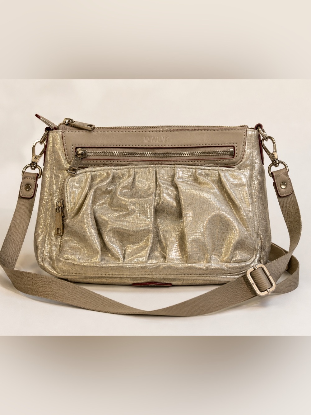 MZ Wallace Metallic Gold Crossbody Bag Pleated Nylon Multi Pocket Y2K